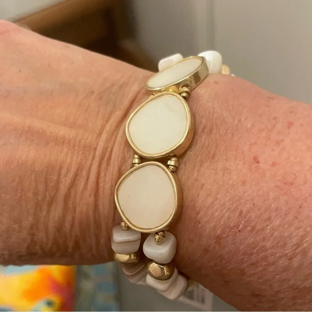 J. Jill Gold and White Stretch Bracelet with Linked Design